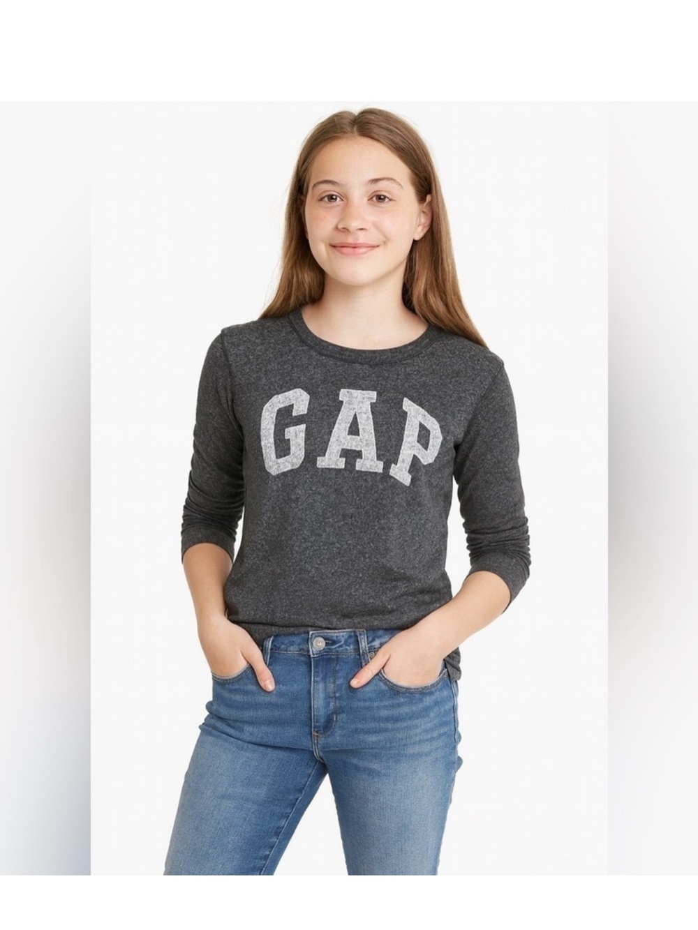 GAP Charcoal Heather Long Sleeve Tee with White Logo